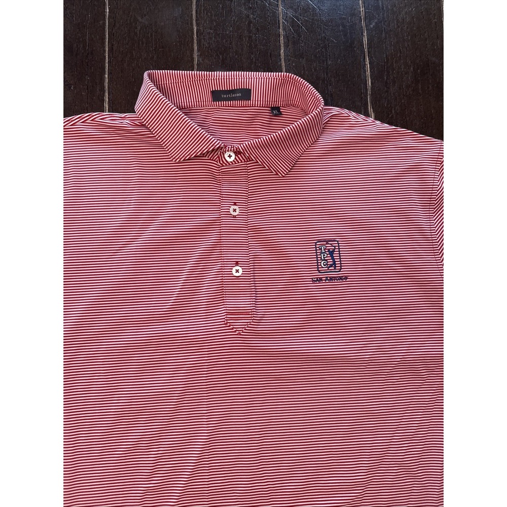 Turtleson XL Red White Stripe Polo Shirt TPC San Antonio Golf Performance Mens